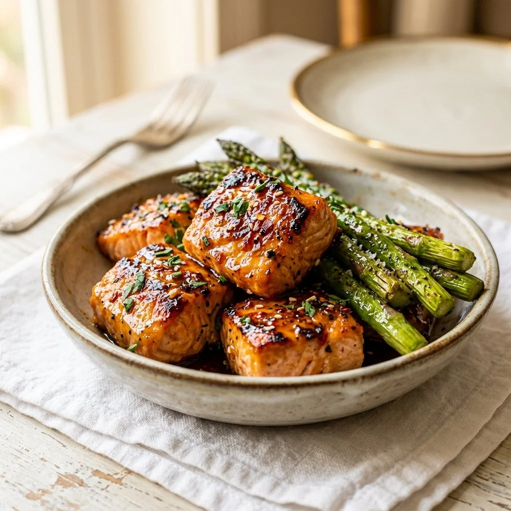 Sticky Honey Salmon Bites with Asparagus