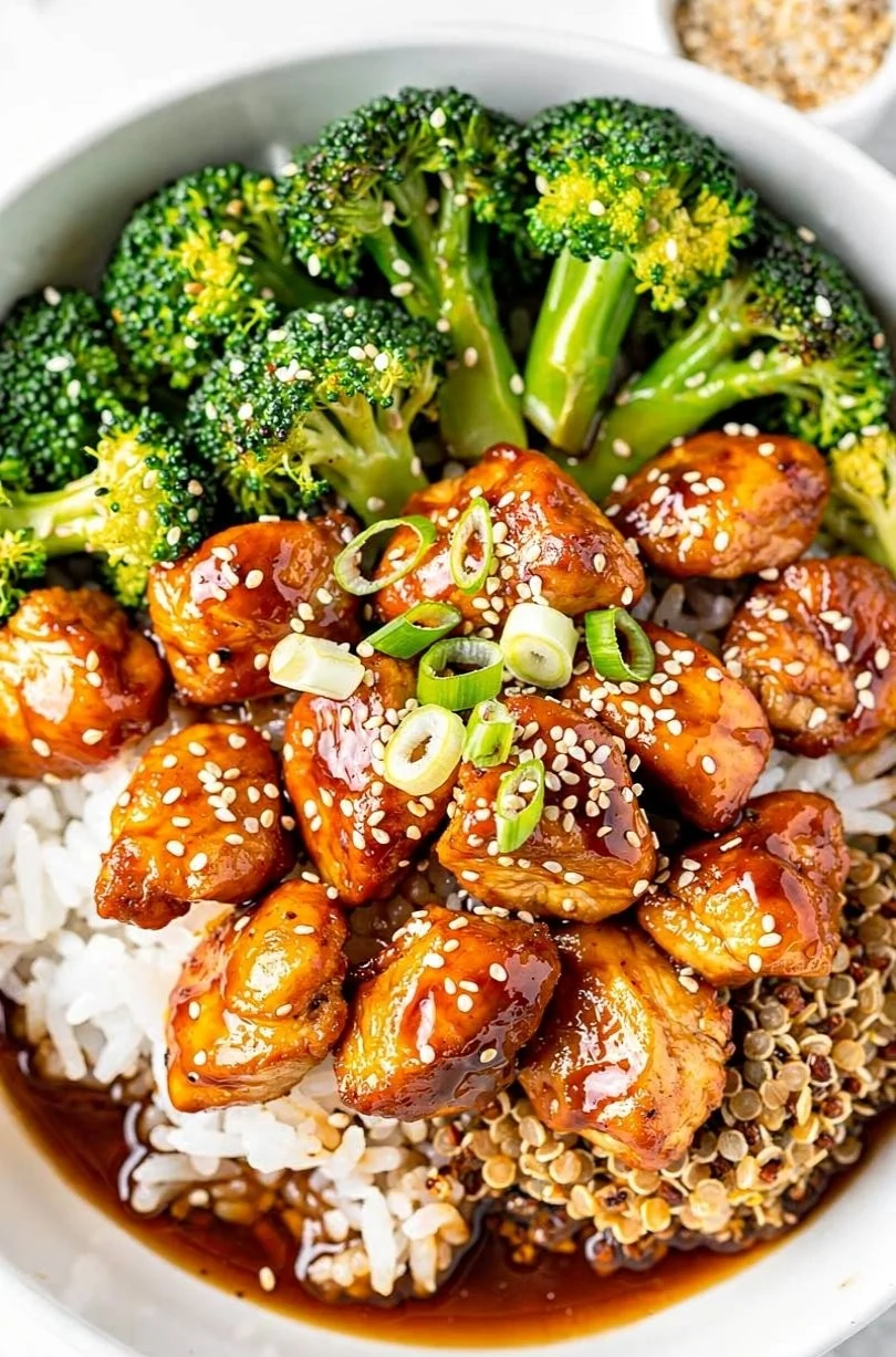 Delicious sticky hot honey garlic chicken bowls garnished with vegetables