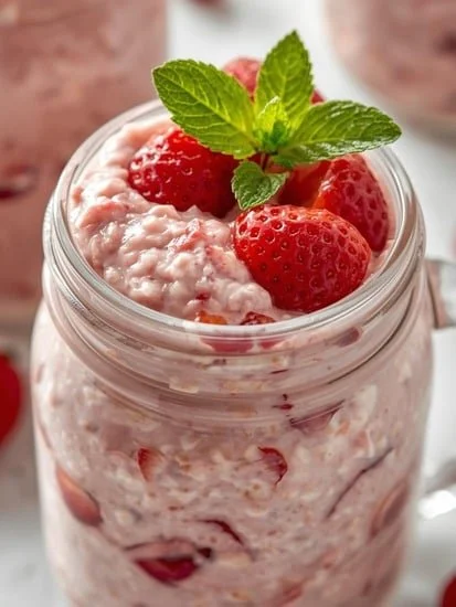 Strawberry and Cream Overnight Oats in a glass jar with fresh strawberries