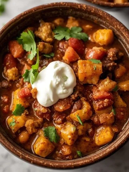 Delicious sweet potato and turkey chili in a bowl, garnished with cilantro.