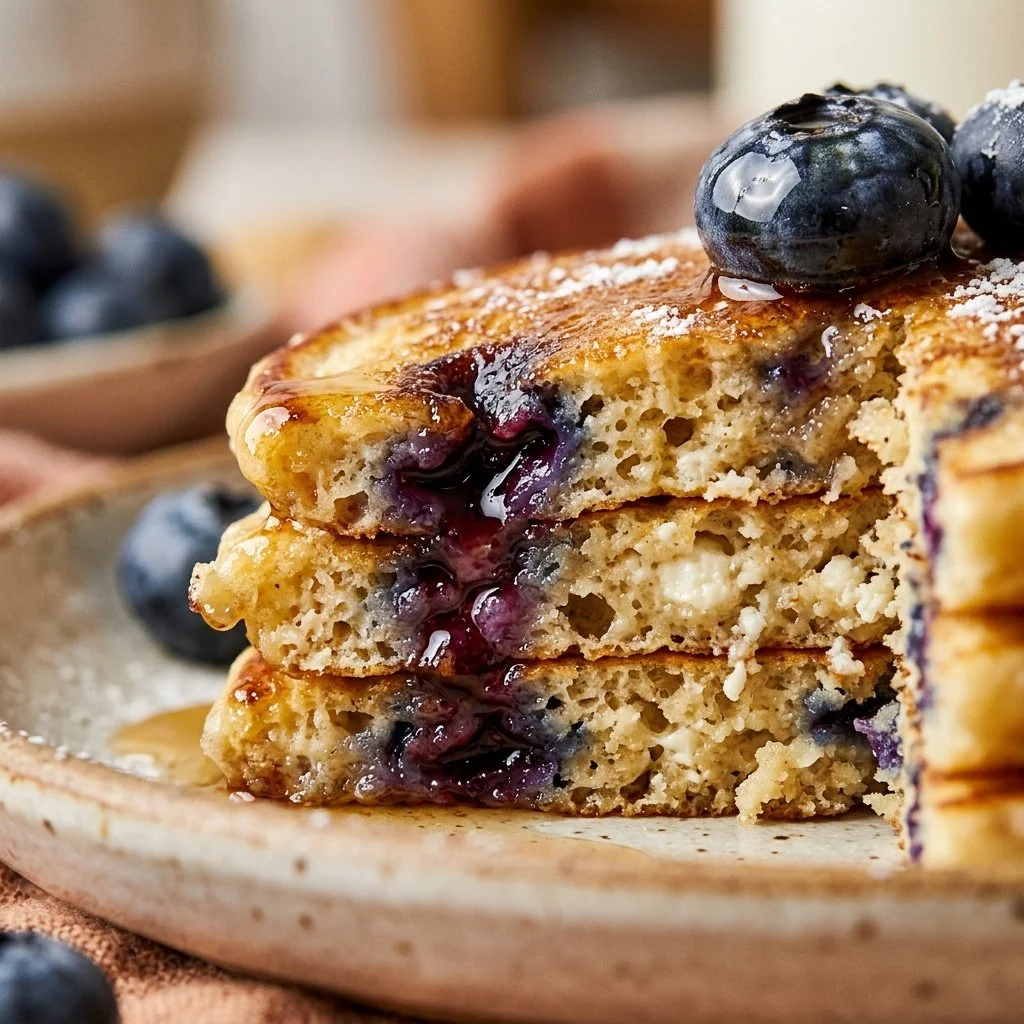 Fluffy cottage cheese blueberry protein pancakes stacked on a plate