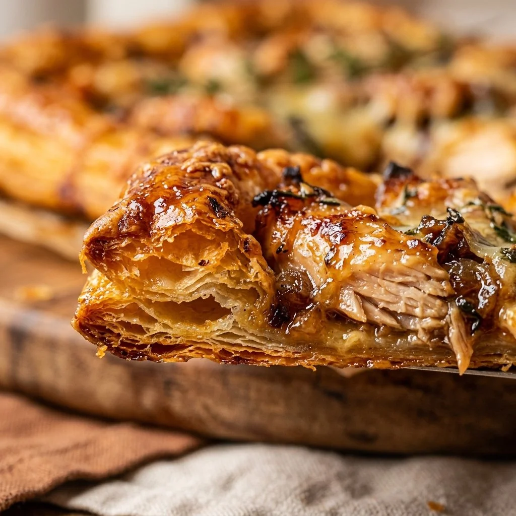 Viral TikTok upside-down puff pastry chicken tart topped with fresh herbs.