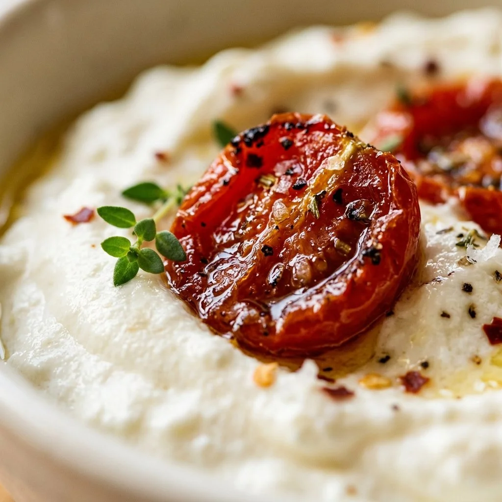 Whipped cottage cheese dip with roasted tomatoes served in a bowl