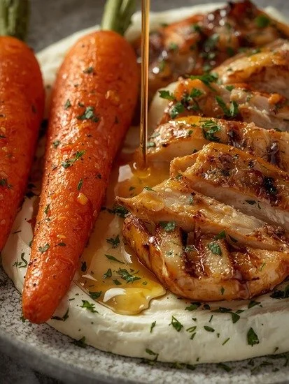 Whipped feta with hot honey roasted carrots and grilled chicken on a plate