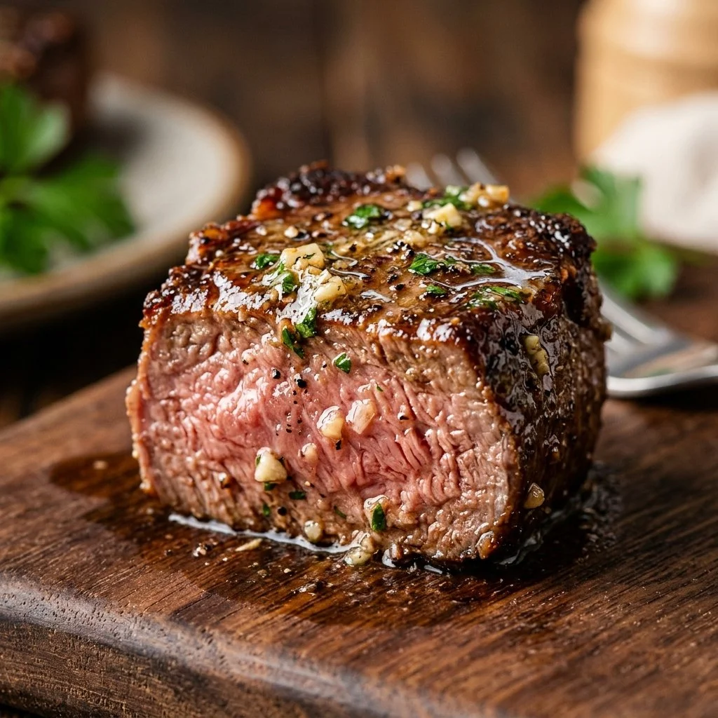 Delicious air fryer garlic butter steak bites served on a plate.