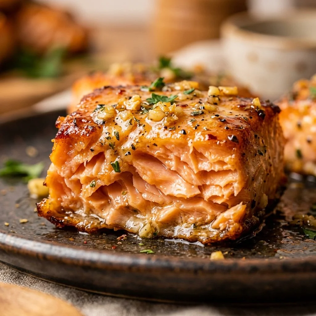 Air Fryer salmon bites with garlic butter served on a plate