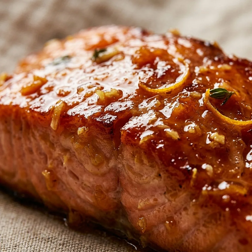 Apricot-glazed salmon fillet on a plate, garnished with fresh herbs