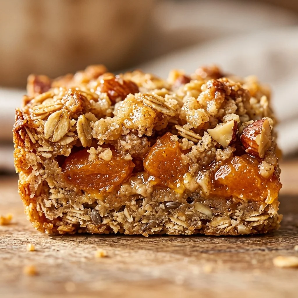 Homemade apricot protein crumble bars on a wooden table