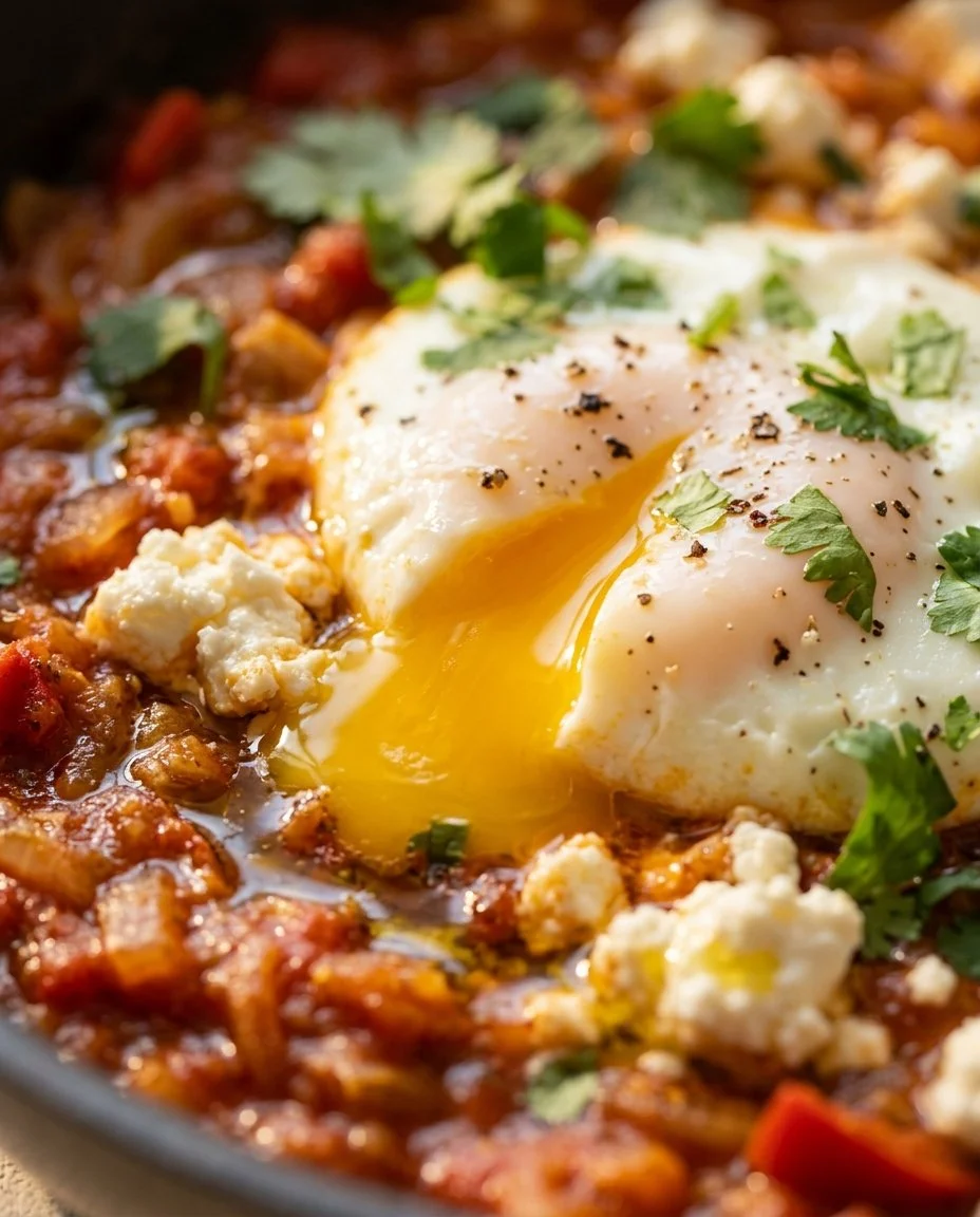 Baked eggs with feta cheese and spinach in a rustic dish