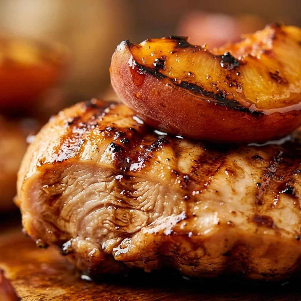 Balsamic Peach Chicken served with fresh peaches and herbs on a plate.