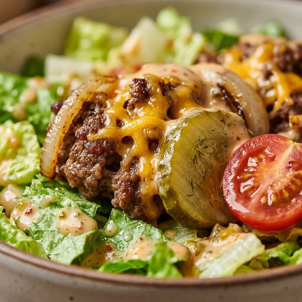 A colorful Big Mac-style salad bowl topped with lettuce, cheese, and special sauce.