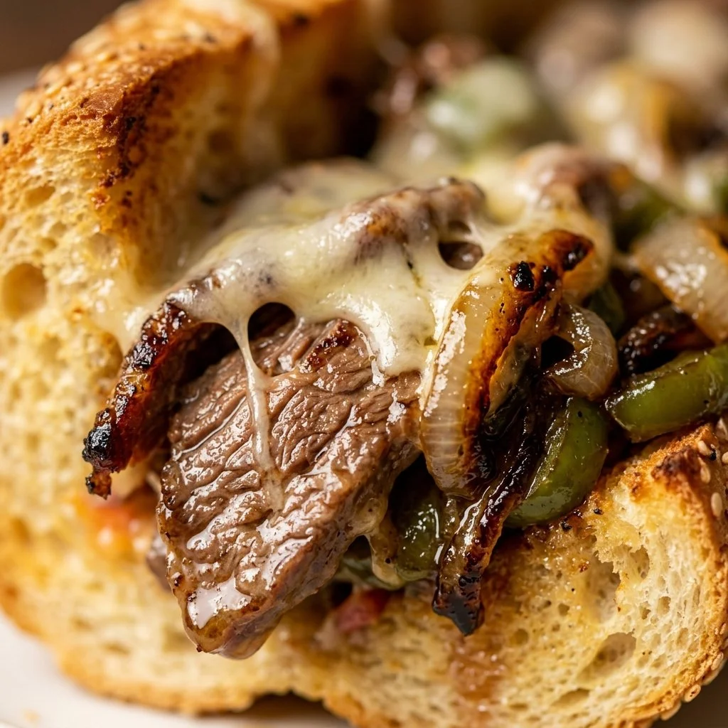 Delicious Blackstone Philly Cheesesteak loaded with melted cheese and grilled peppers