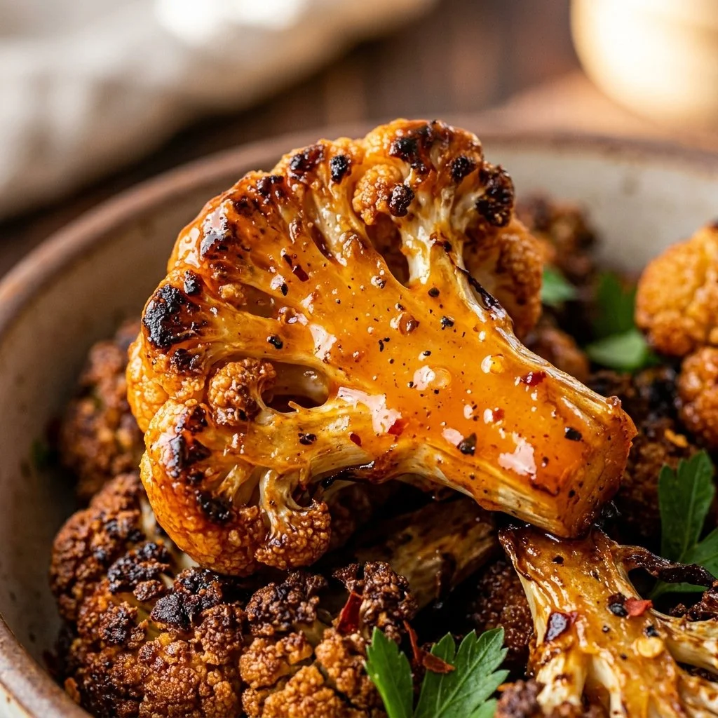Buffalo cauliflower and chicken served on a plate with fresh celery sticks.