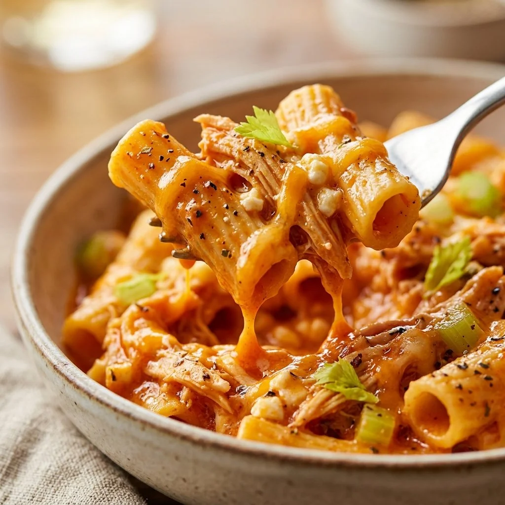 Buffalo chicken cottage cheese mac recipe with creamy sauce and pasta