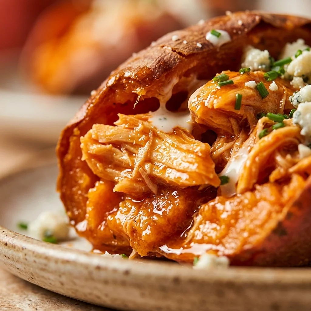 Delicious Buffalo Chicken stuffed in sweet potatoes topped with sauce and green onions