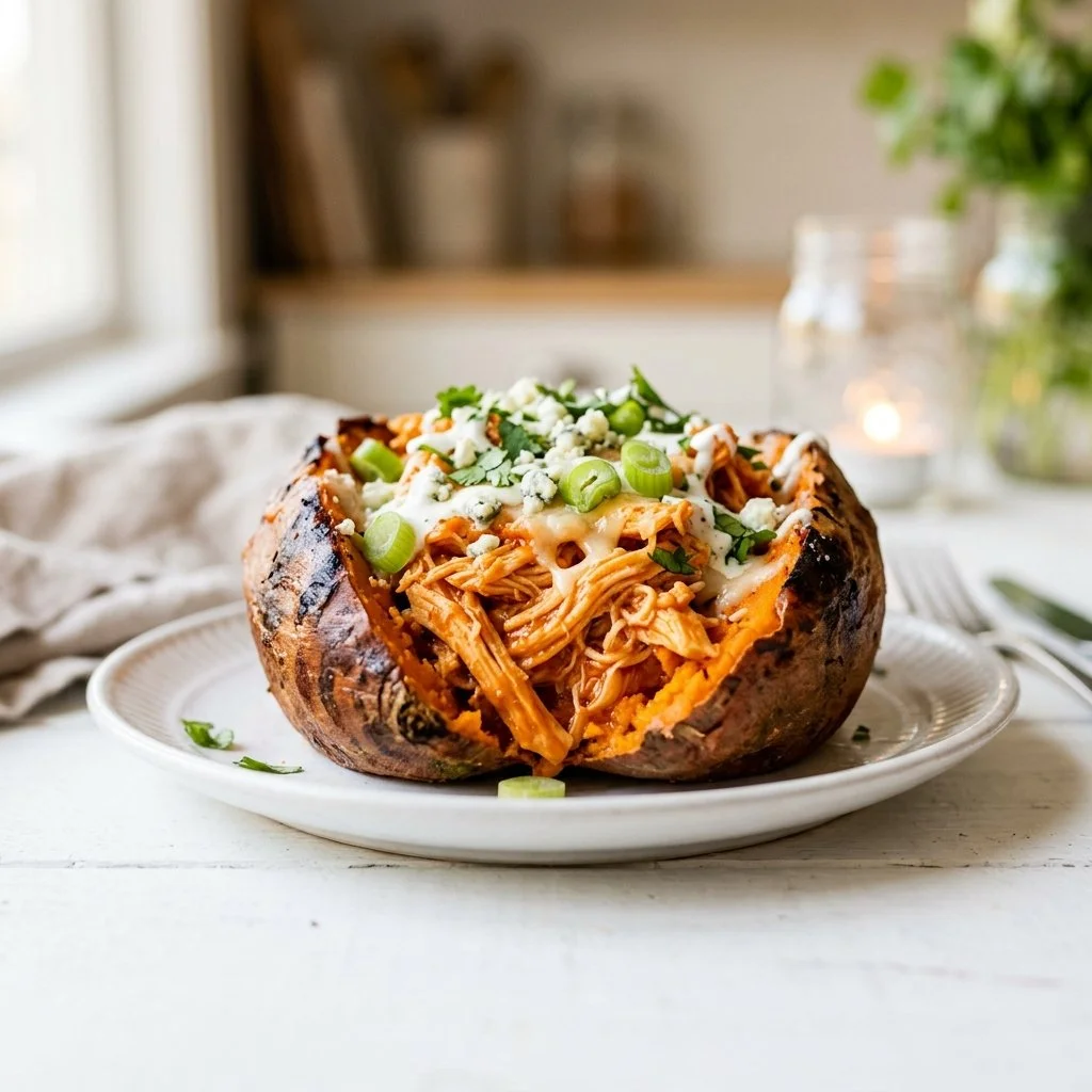 Buffalo Chicken Stuffed Sweet Potatoes