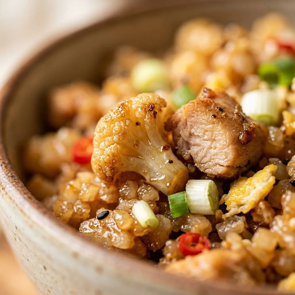Delicious Cauliflower Fried Rice with Chicken served in a bowl