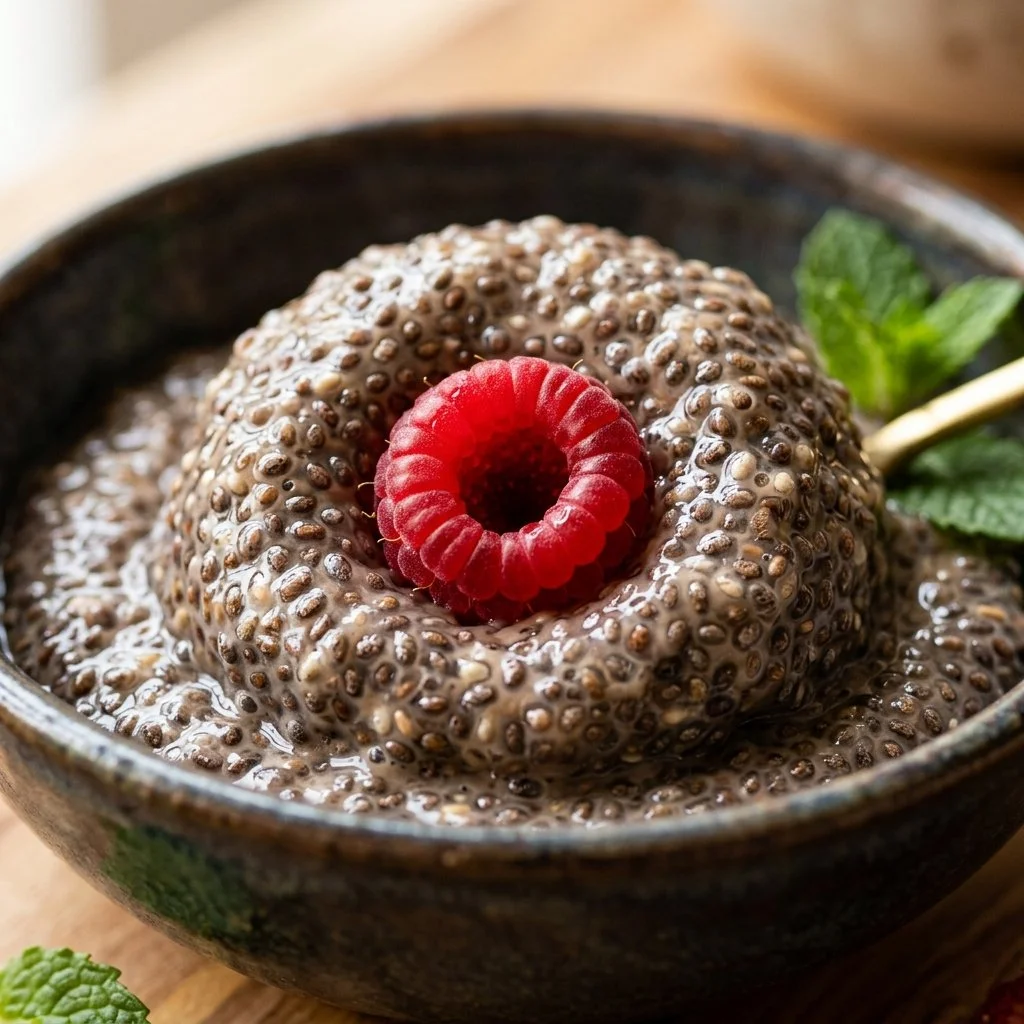 Chia Seed Protein Pudding topped with fruits and nuts in a bowl.