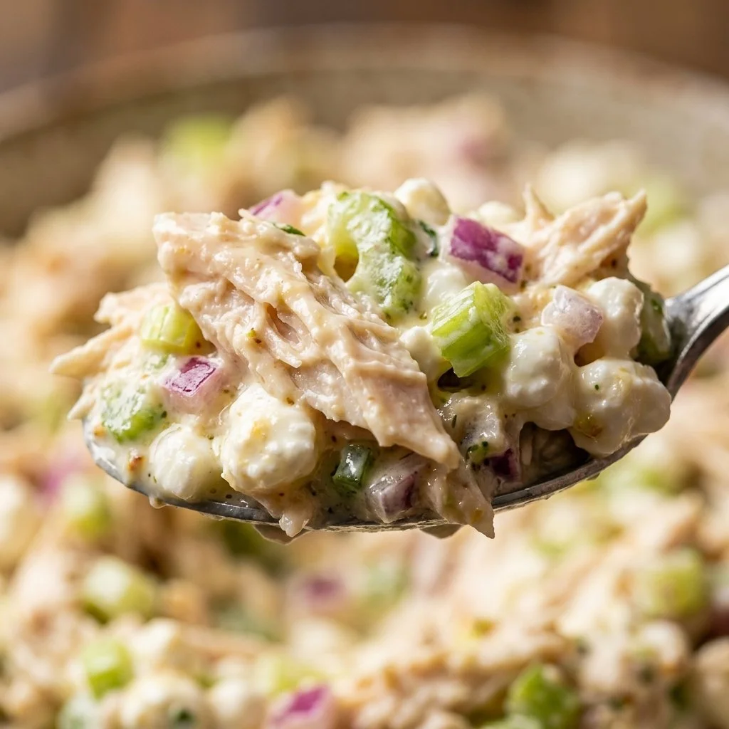 Chicken salad served with a creamy cottage cheese dip on a plate.