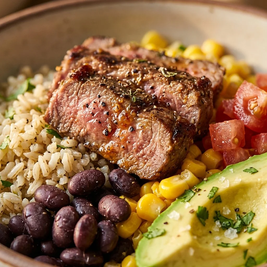 Delicious Chipotle steak burrito bowl topped with fresh ingredients and guacamole.