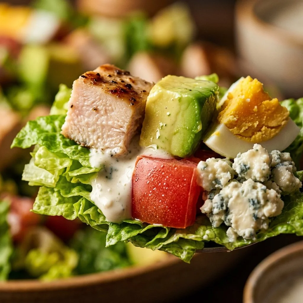 Cobb Salad topped with cottage cheese ranch dressing and fresh vegetables