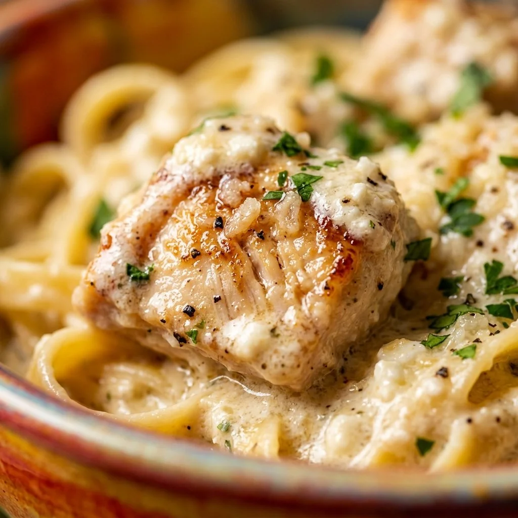 Delicious Cottage Cheese Alfredo Chicken served with pasta and garnished with herbs