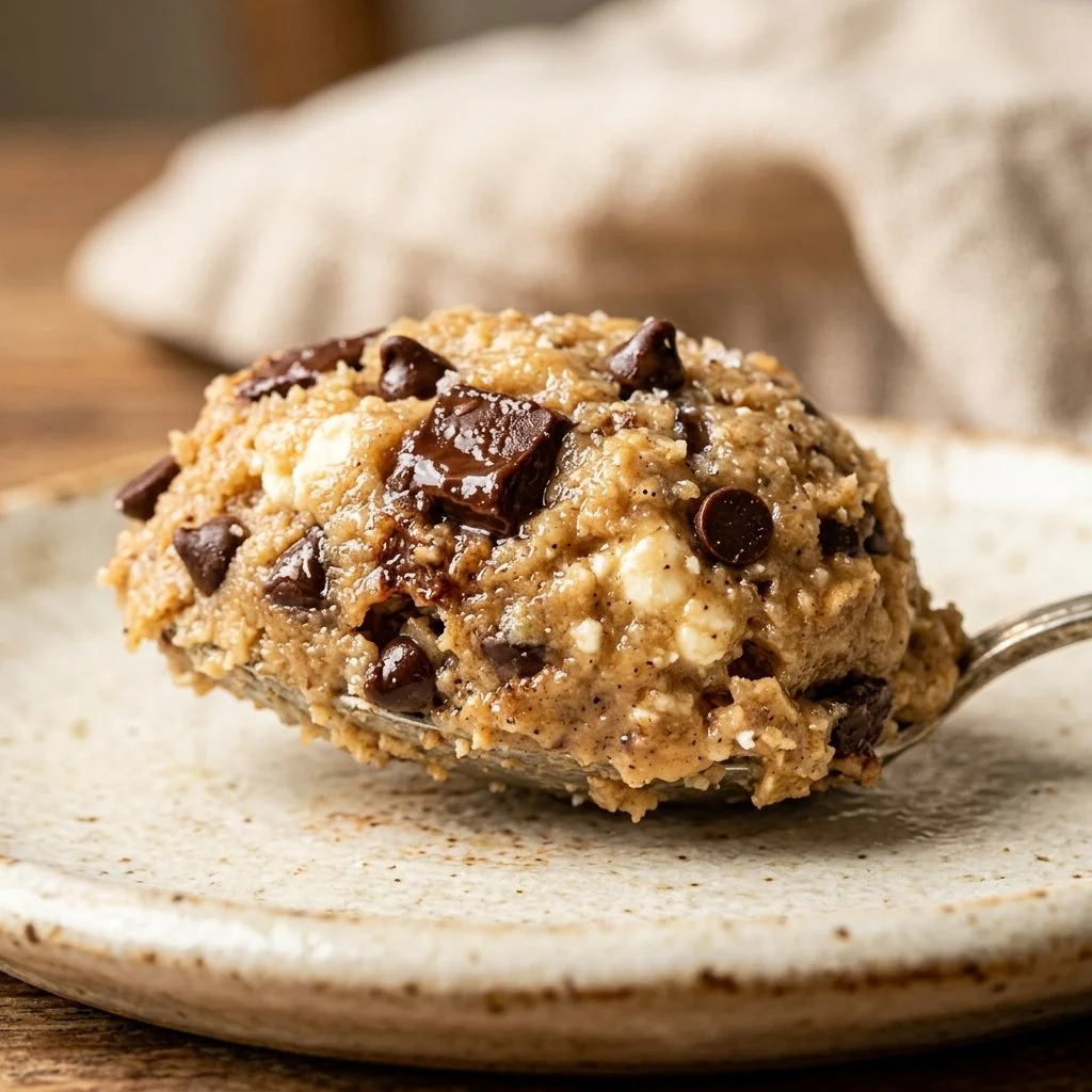 Bowl of cottage cheese cookie dough with chocolate chips ready for baking.