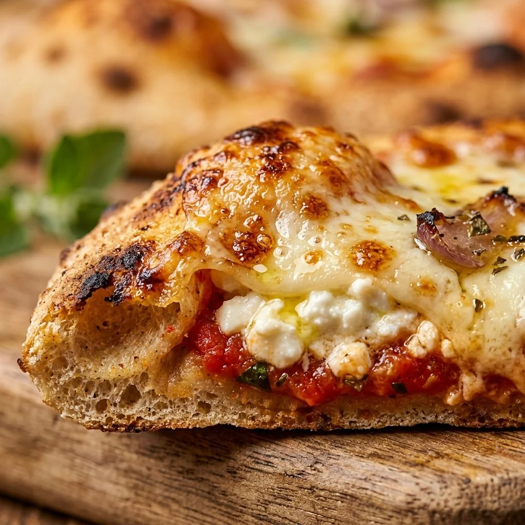 Healthy cottage cheese flatbread pizza topped with fresh vegetables and herbs.