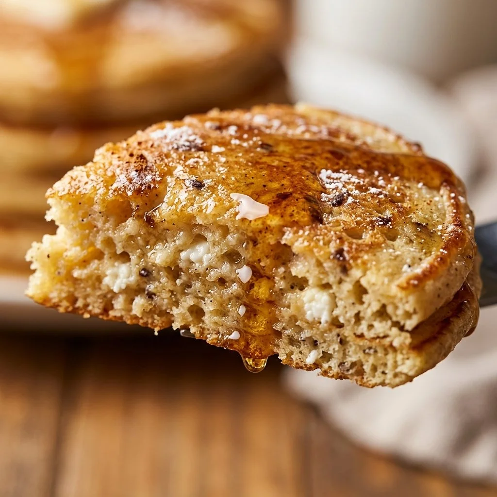 Delicious cottage cheese protein pancakes stacked on a plate with syrup