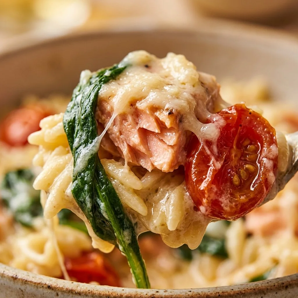 Delicious creamy Tuscan salmon with orzo served in a bowl