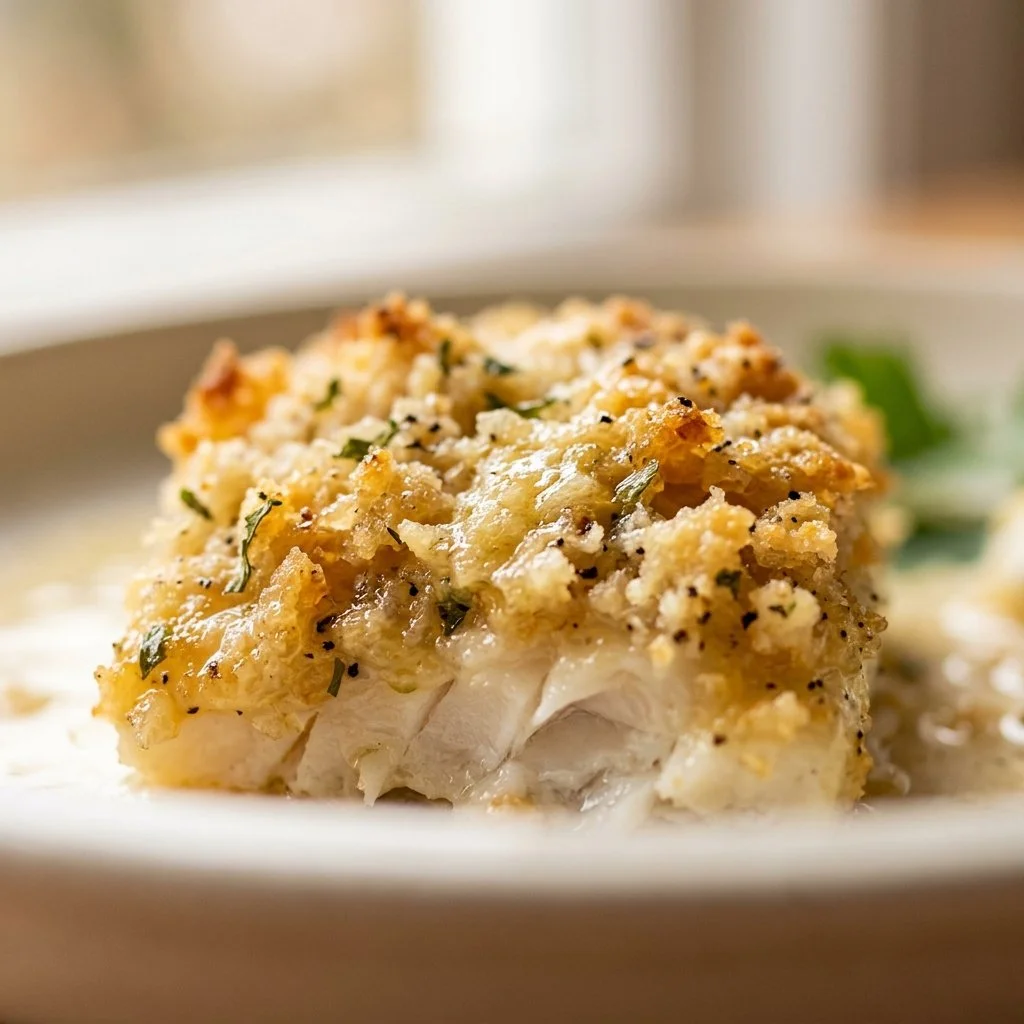 Crispy Parmesan-Crusted Cod served on a plate with garnish