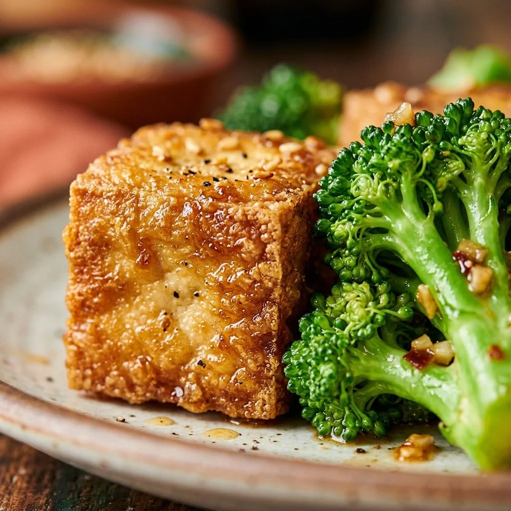 Delicious crispy tofu served with steamed broccoli on a plate