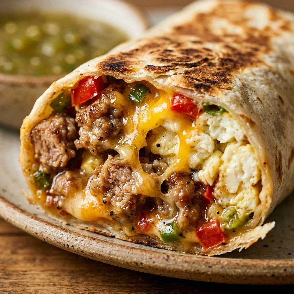 Egg white and turkey breakfast burrito filled with fresh ingredients and herbs.