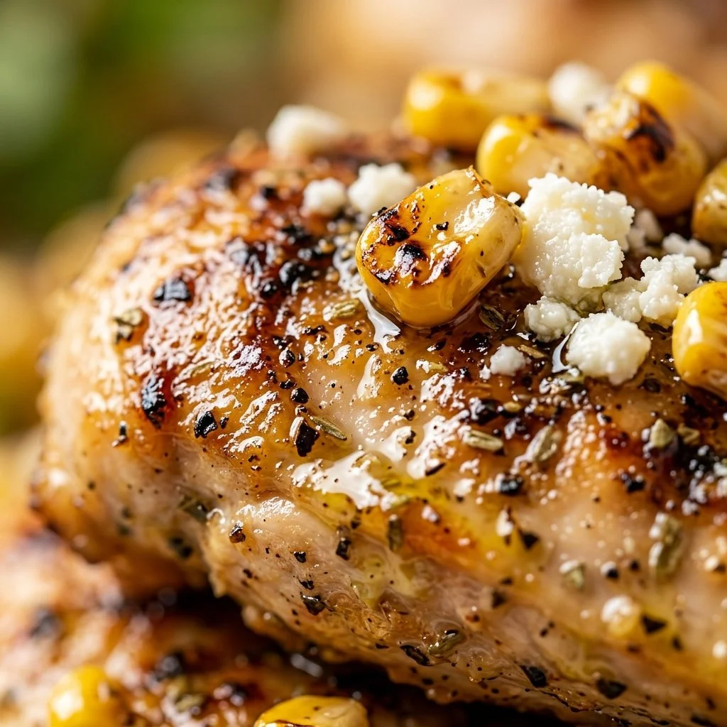 Elote-Style Grilled Chicken topped with Cotija cheese, garnished with cilantro.