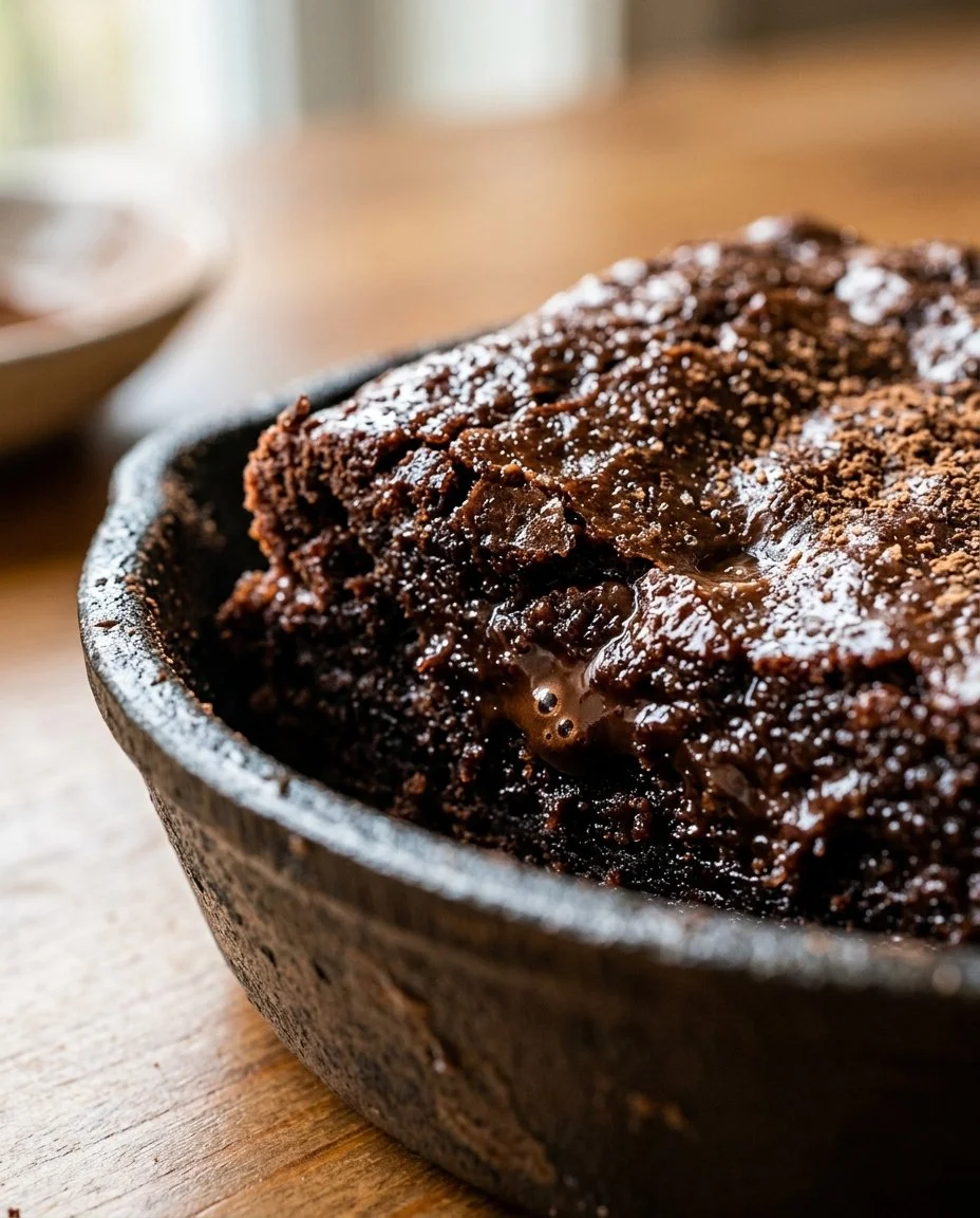 Delicious Father's Day protein brownie skillet topped with chocolate and nuts.