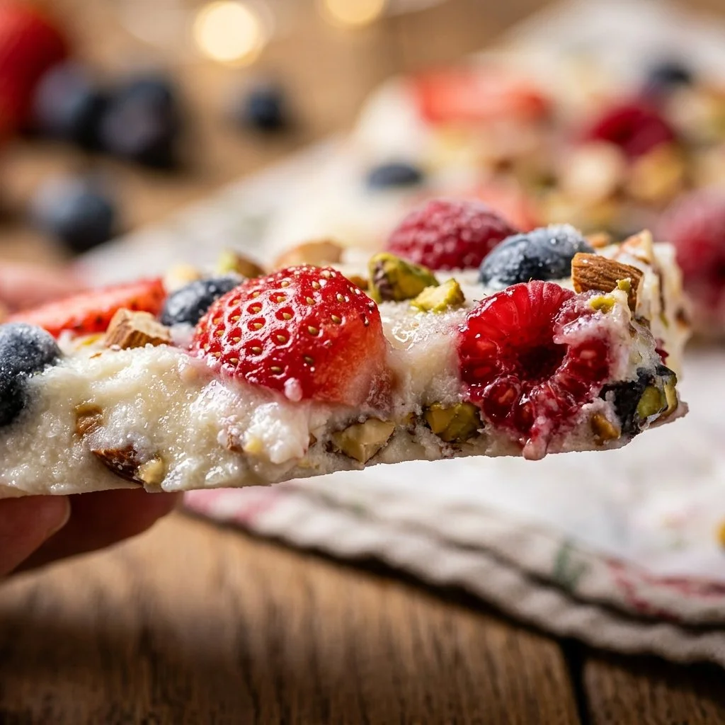 Frozen Yogurt Protein Bark served on a plate with toppings