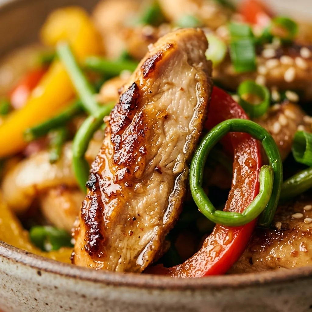 Delicious Garlic Scapes Chicken Stir Fry served in a colorful bowl