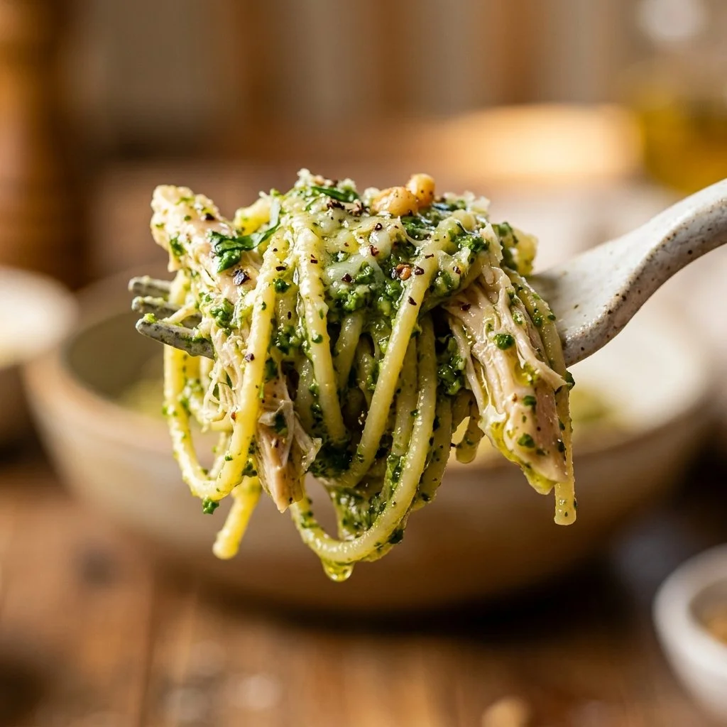 Delicious Garlic Scapes Pesto Chicken Pasta served in a bowl