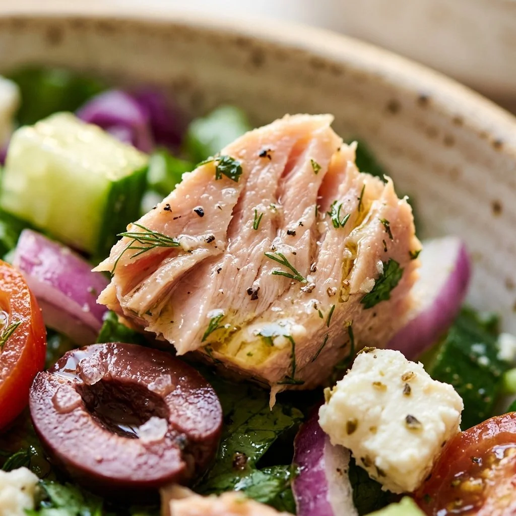 Greek Goddess Tuna Salad Bowl with fresh ingredients and vibrant colors