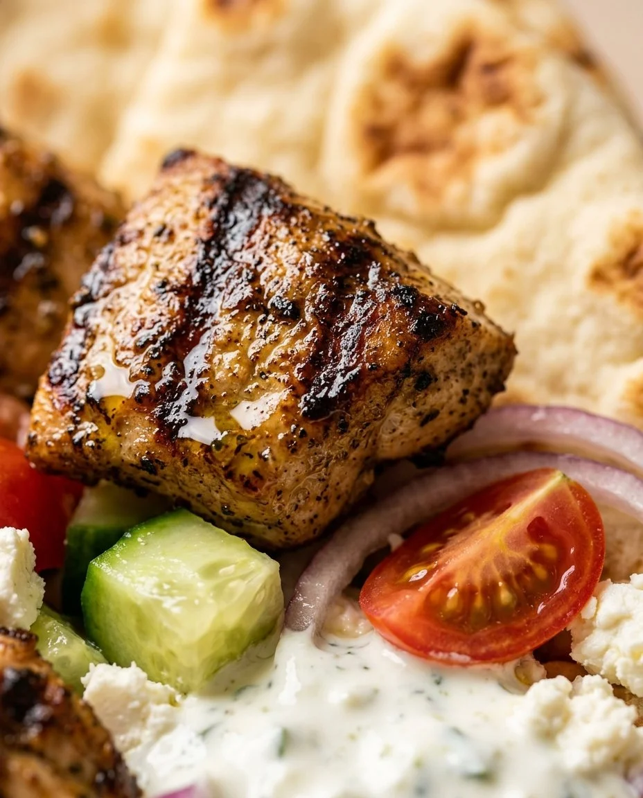 Delicious Greek-style chicken souvlaki served in a bowl with fresh vegetables.