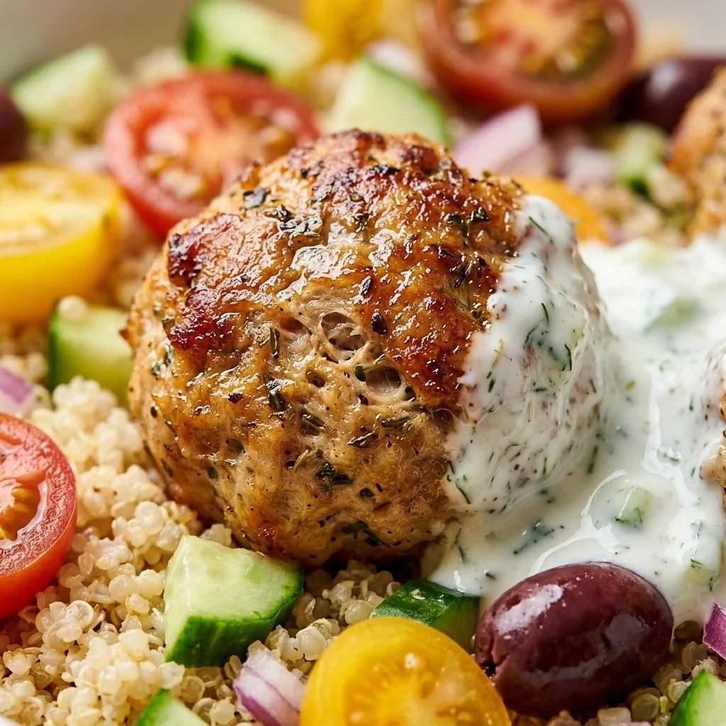 Greek turkey meatball bowls with vegetables and sauce on a plate