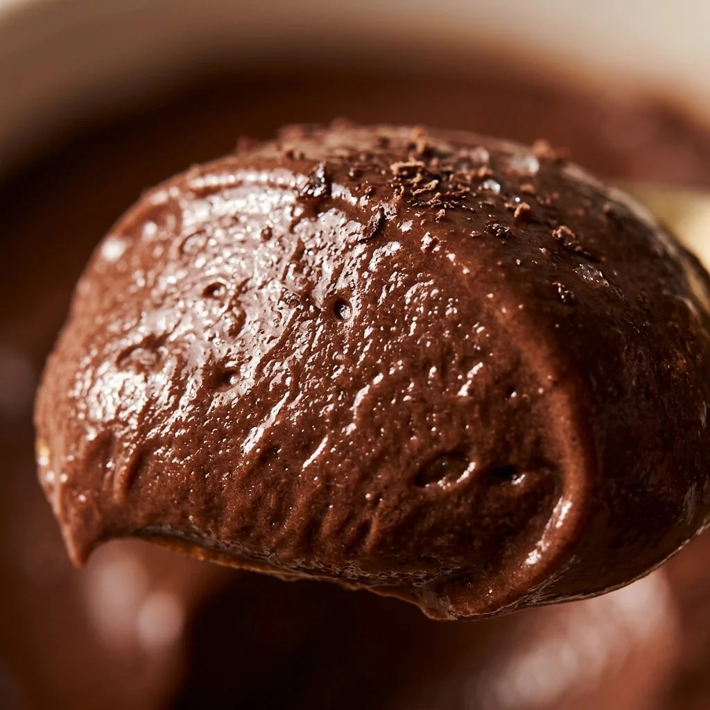 Creamy Greek yogurt chocolate pudding in a bowl topped with chocolate shavings