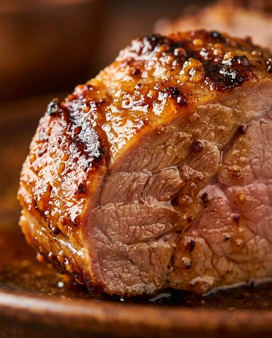 Grilled apricot pork tenderloin garnished with fresh herbs and apricot slices