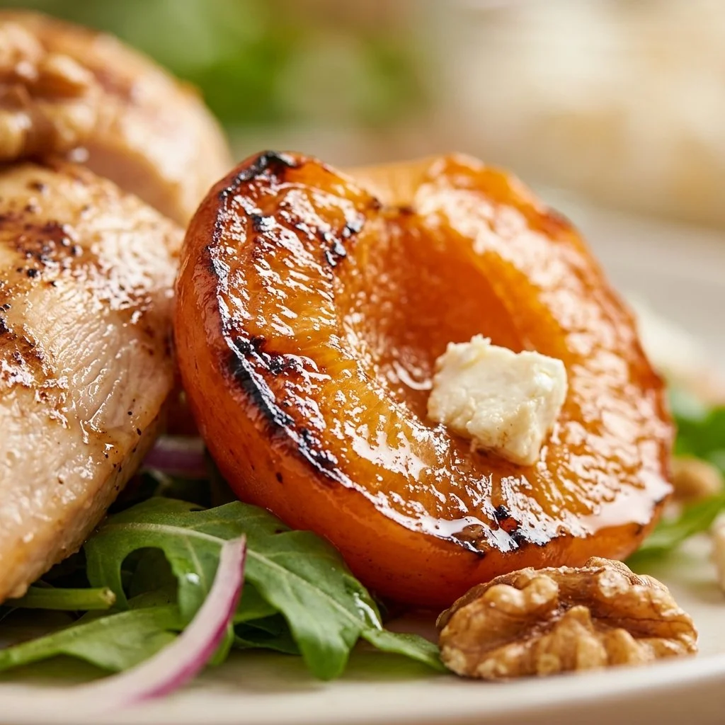 Delicious grilled chicken salad topped with apricots and fresh greens.