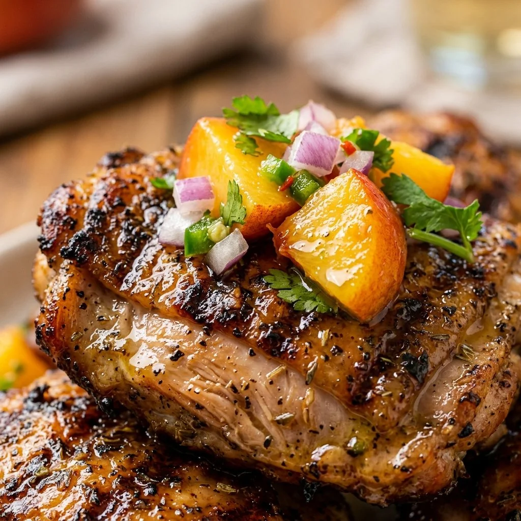 Grilled chicken thighs with peach salsa on a plate
