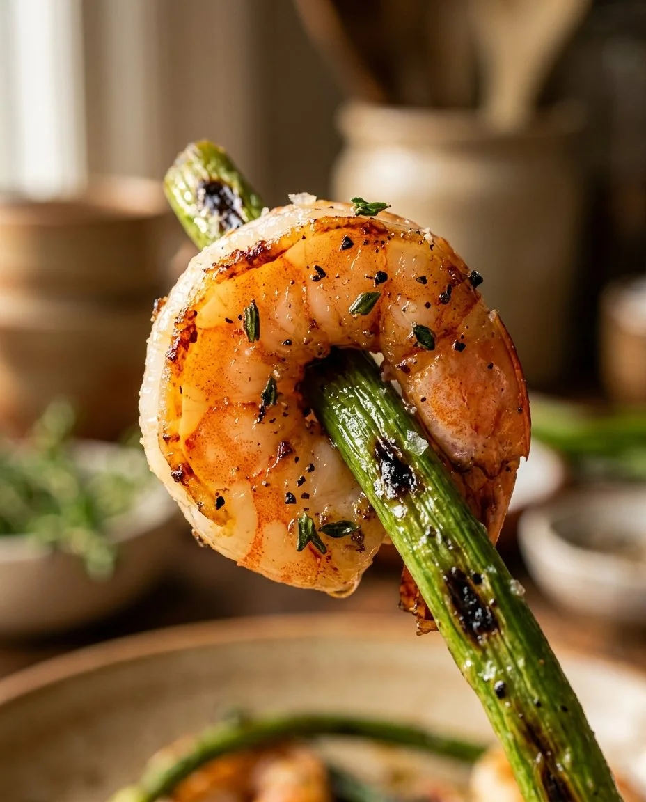 Grilled garlic scapes and shrimp skewers on a platter