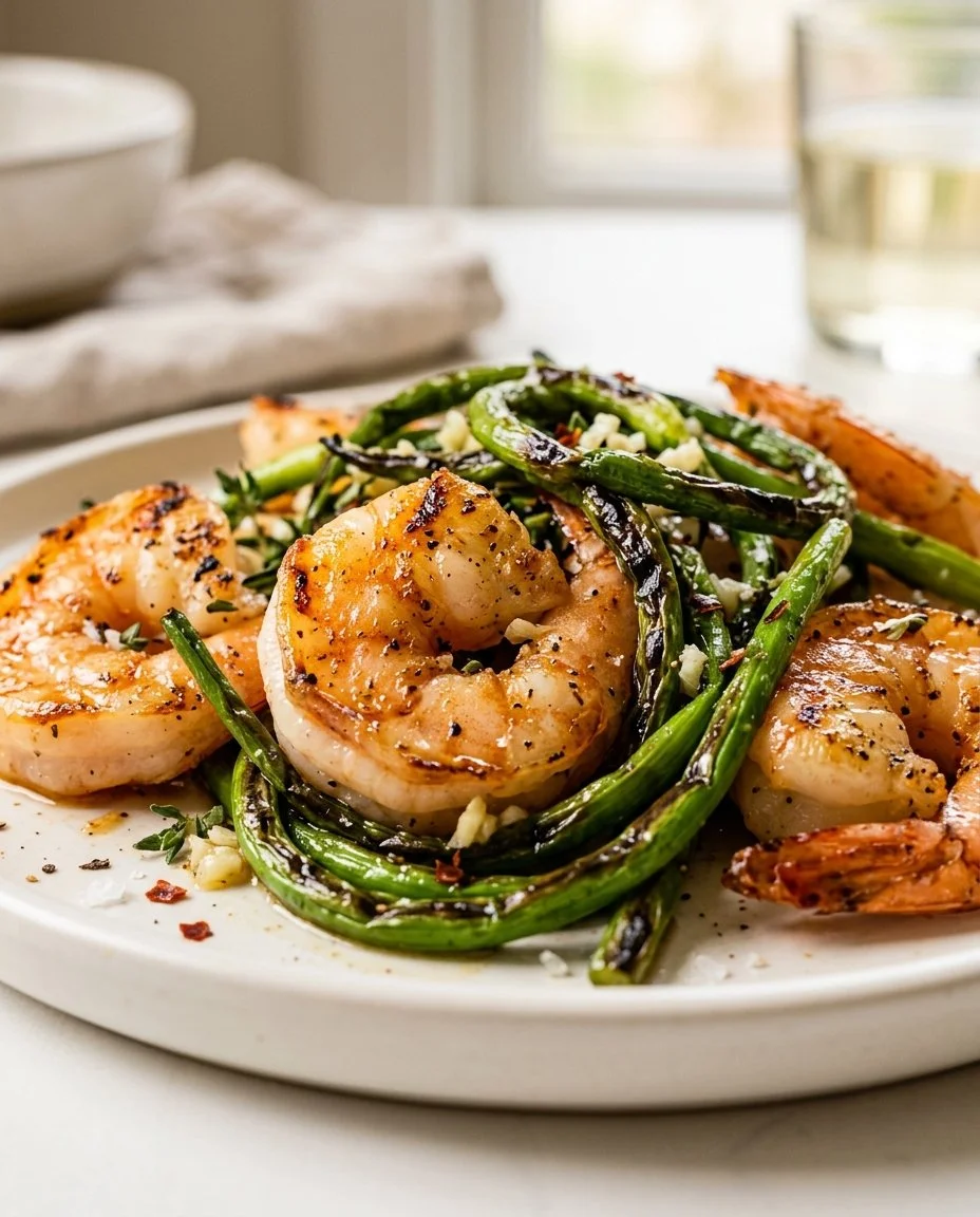 Grilled Garlic Scapes and Shrimp Skewers