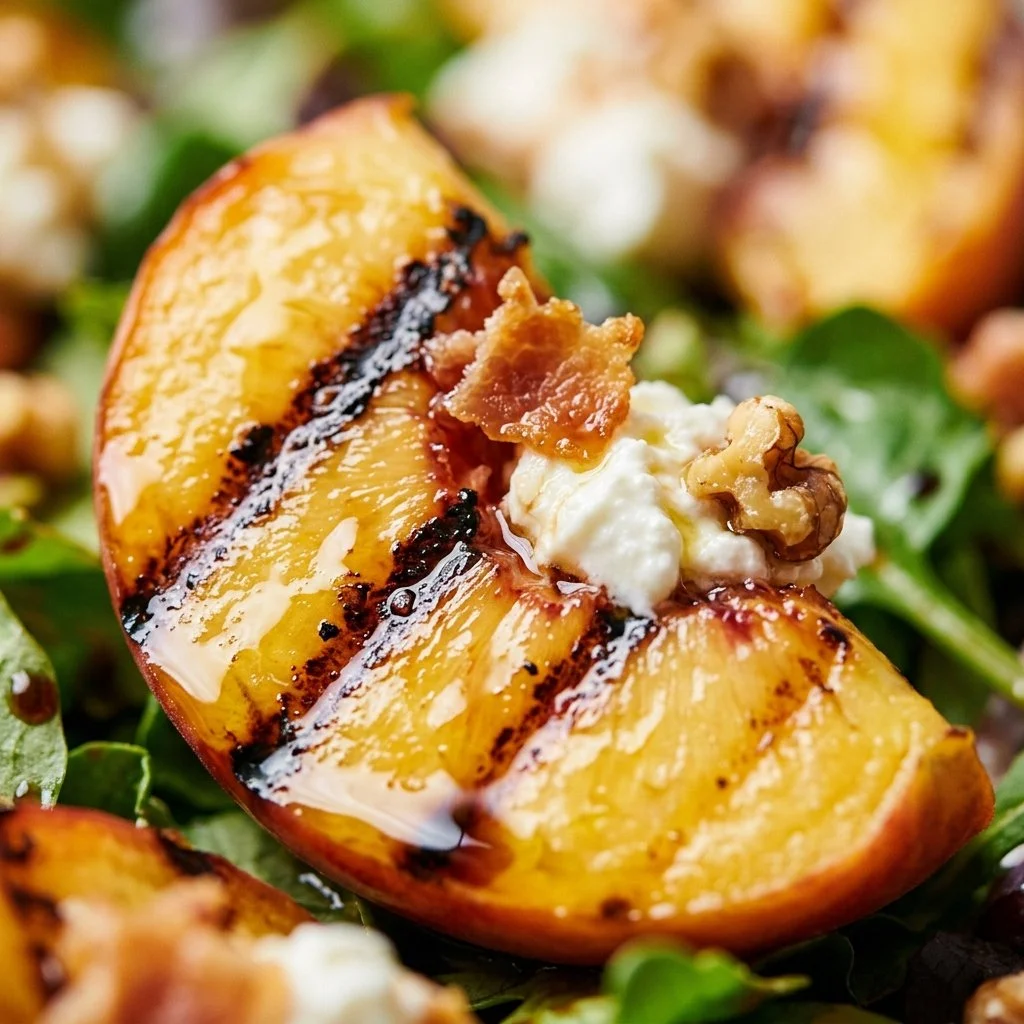 Grilled Peach Burrata Chicken Salad with peaches, burrata cheese, and chicken