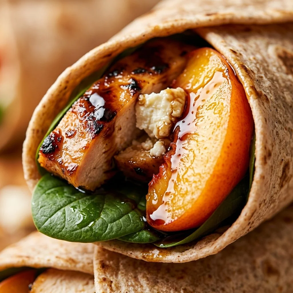 Grilled peach chicken wrap with fresh greens and a tangy dressing