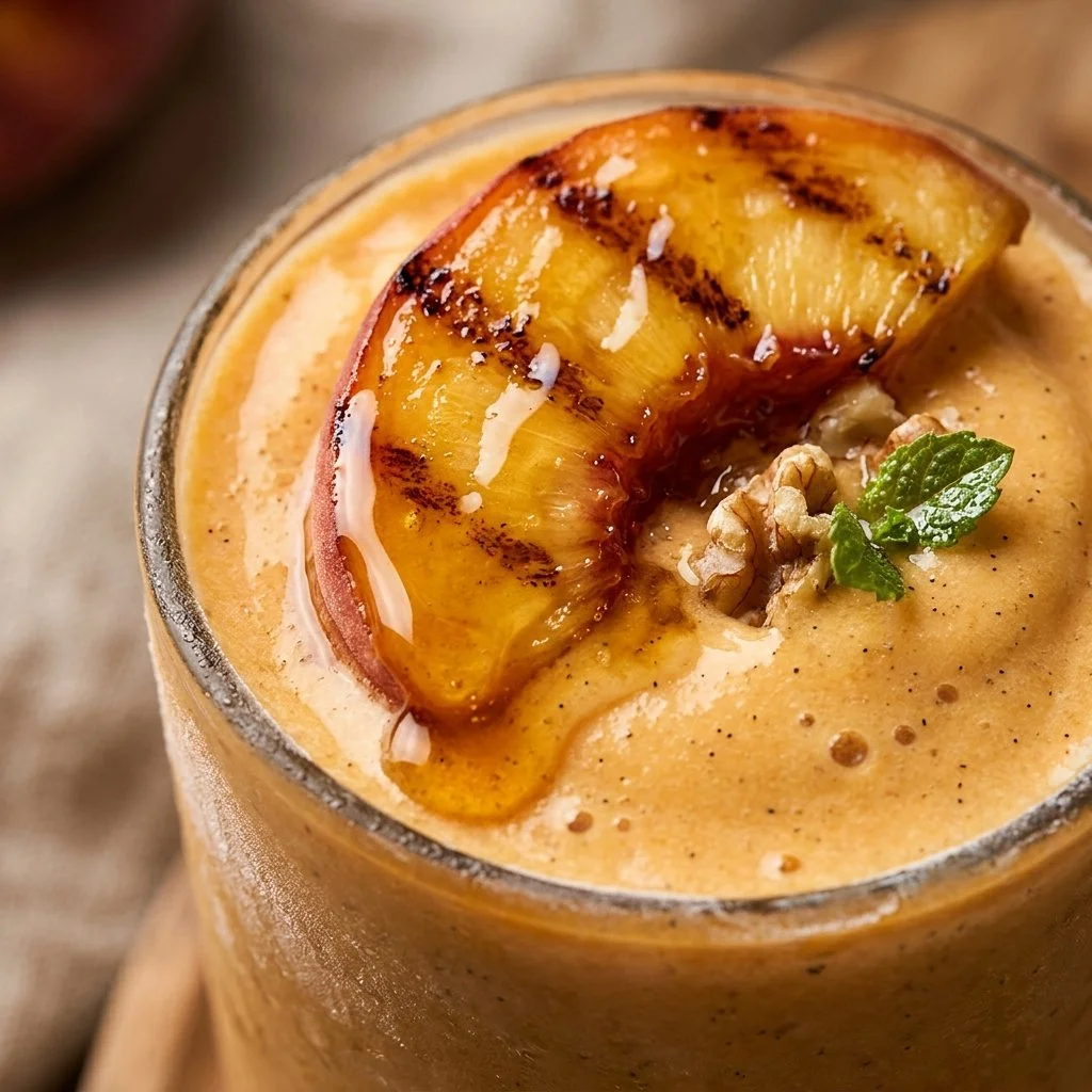 Grilled peach protein smoothie in a glass with fresh ingredients